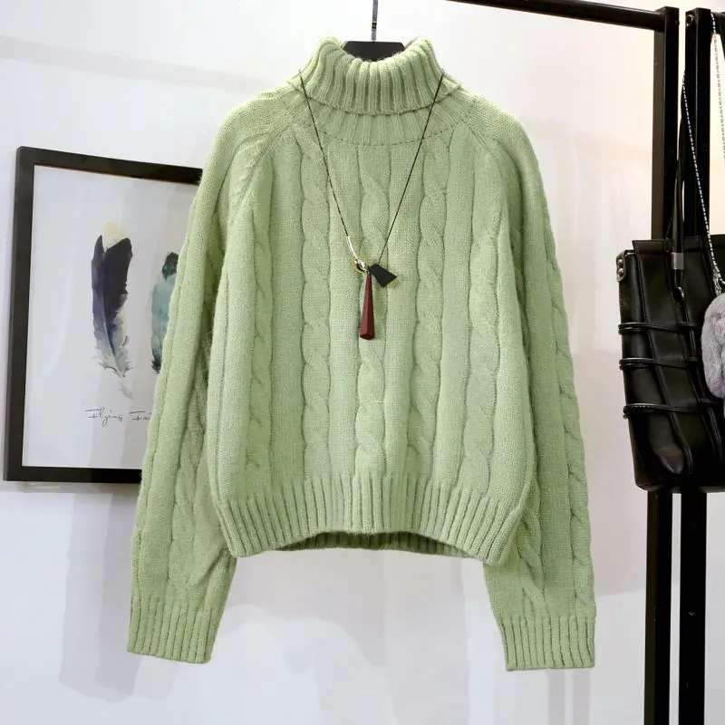 Короткий свитер с высоким воротом, женский осенне-зимний утепленный пуловер, вязаные свитера, Pull Femme, теплый трикотаж, пуловеры Джемперы C5689 - Цвет: green