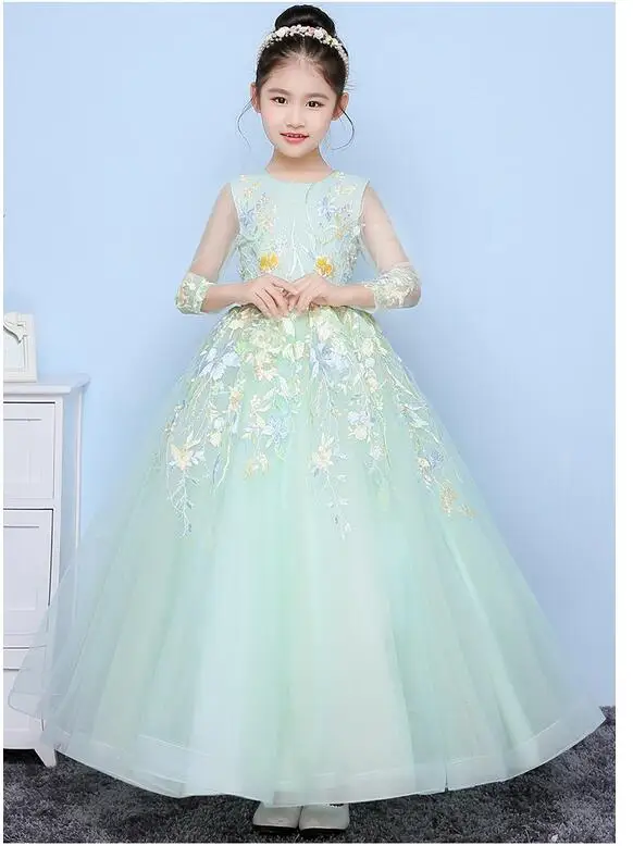 Girls Pageant Long Formal Dresses 2017 Long Sleeve Gauze Gowns Flowers Girls Princess Tutu Dress Kids Wedding Party Dress Green Girls Pageant Long Formal Dresses 2017 Long Sleeve Gauze Gowns Flowers Girls Princess Tutu Dress Kids Wedding Party Dress Green