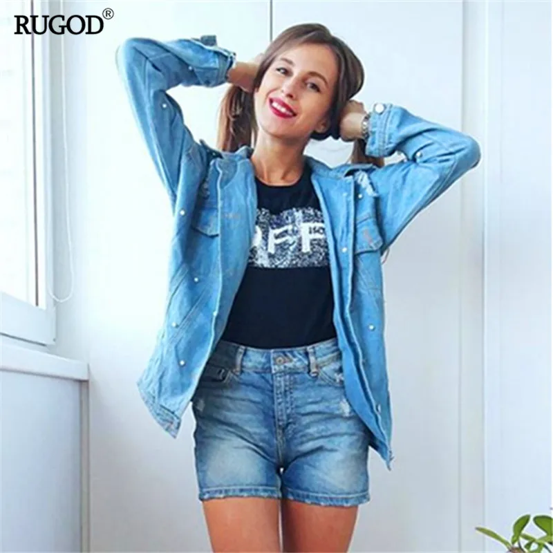 RUGOD 2018 Spring Pearls Beading Ripped Denim Jacket Women Vintage Single Breasted Long Sleeve Jean Jackets and Coats Plus Size