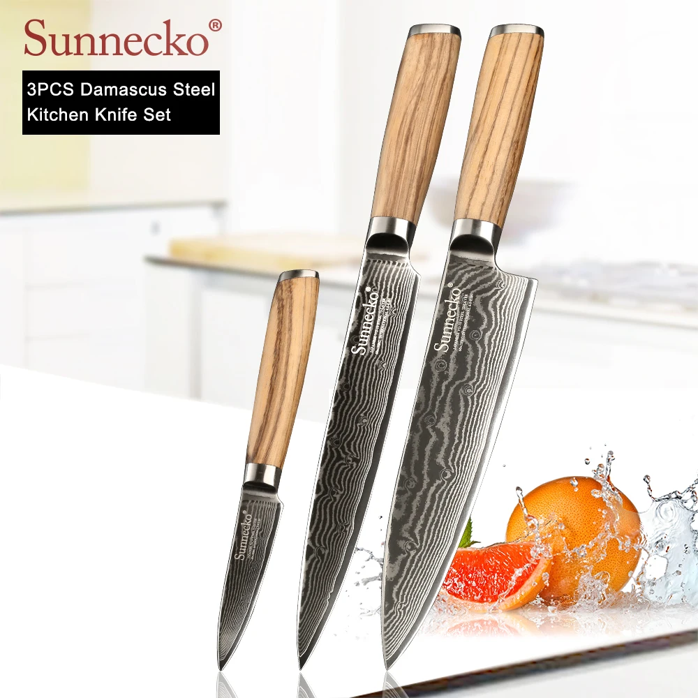 

SUNNECKO 3PCS Kitchen Knives Set Slicing Paring Chef Knife Damascus Japanese VG10 Steel Zebra Wood Handle Meat Cutter Chef Knife
