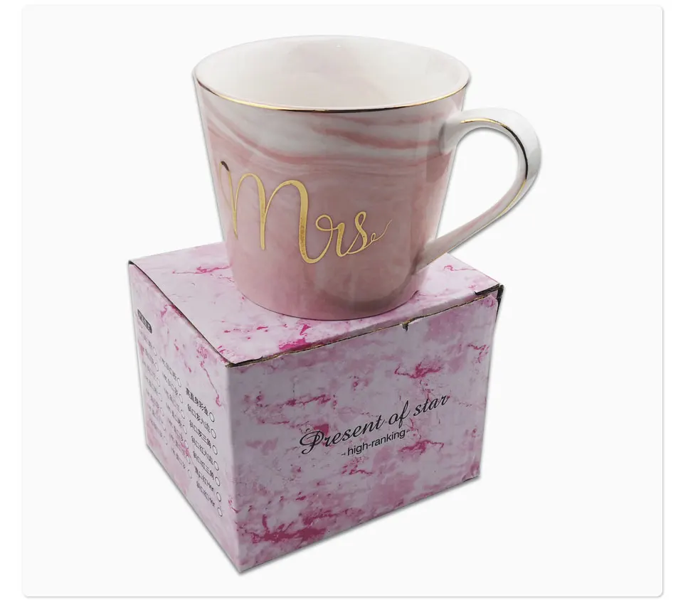 Handpainted Gold Monogram Natural Ceramic Marble Porcelain Tea Cup Mr And Mrs Milk Cup Of Coffee Mugs Creative Wedding Gift(11)