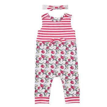 

Infant Baby Rompers Fashion Summer Sleeve Print Girl Jumpsuits+ Bow Hair Strap Autumn Baby Clothing