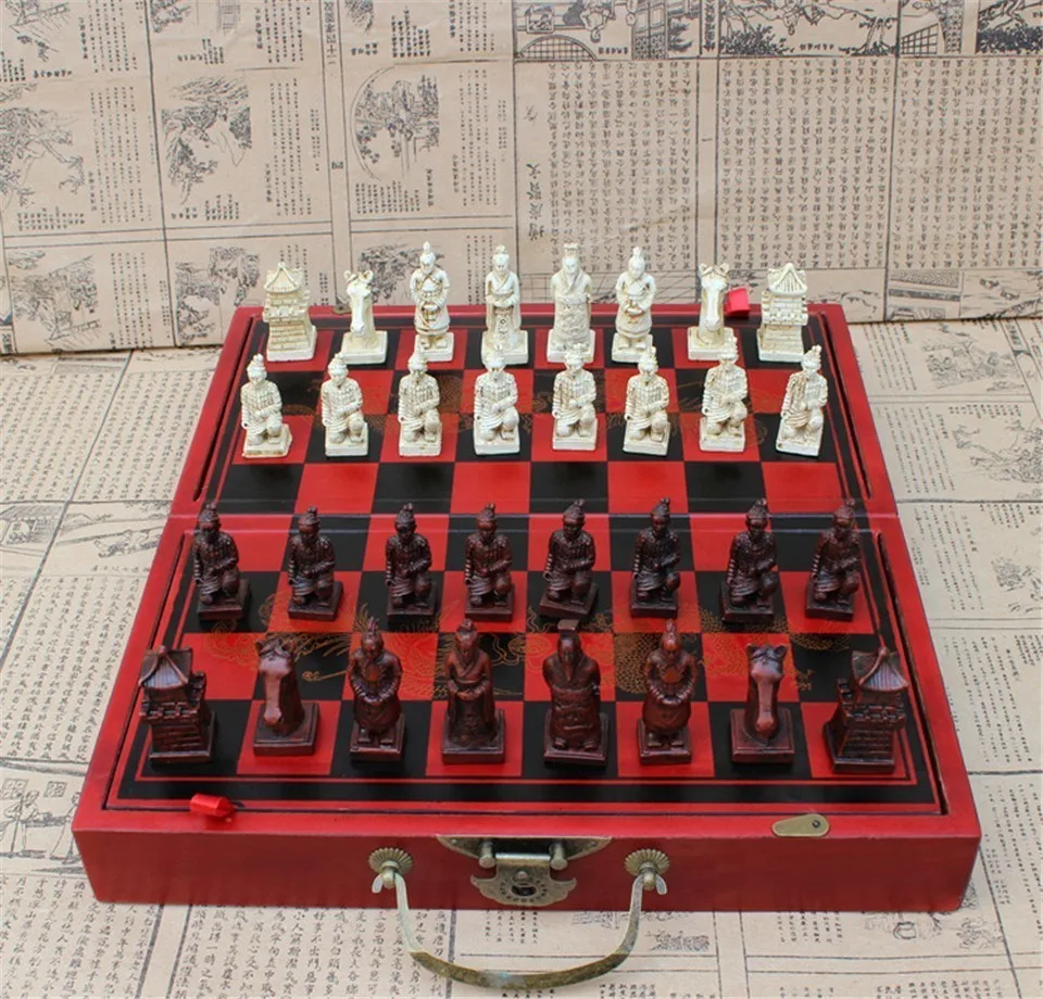 New Antique Chess Medium Terracotta Chess Pieces Antique Wooden Folding Chessboard Three-dimensional Character Yernea