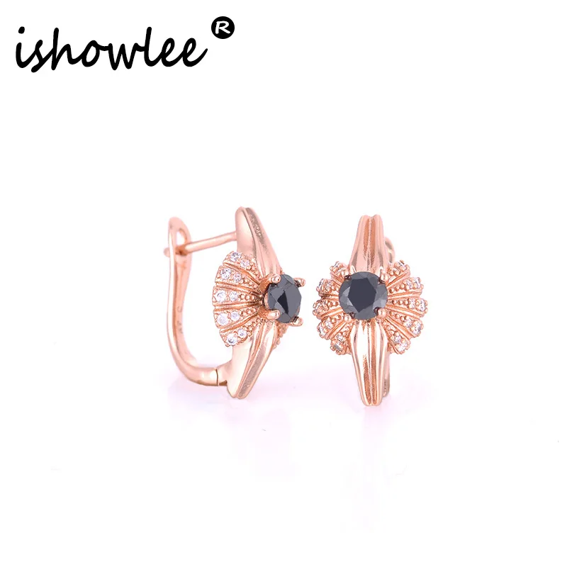 Ishowle, черные камни, серьги-гвоздики, крылья, розовое золото, 585 циркон, элегантные маленькие корейские серьги для девушек, подарок, Женские Ювелирные изделия esb04