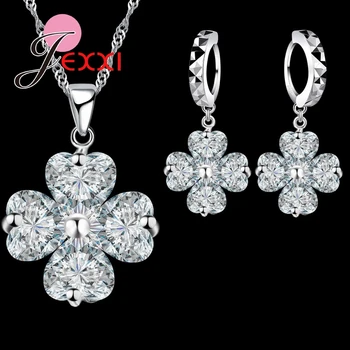 

Hot 925 Sterling Silver CZ African Crystal Cross Flower Necklace Bijoux Dangle Earrings Wedding Anniversary Jewelry Sets Gift