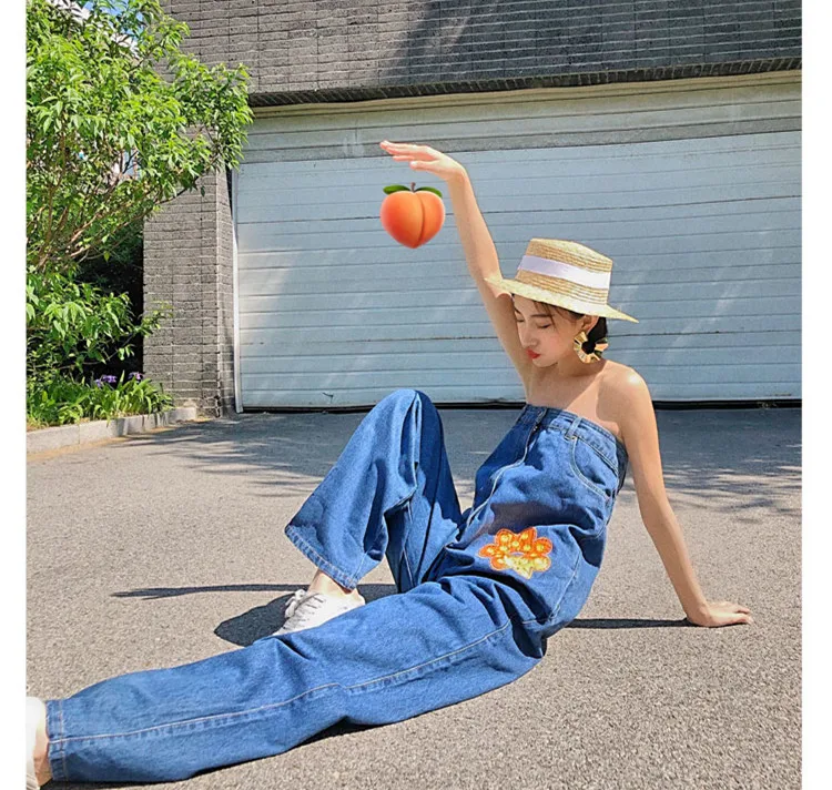 WHITNEY WANG Summer Fashion Streetwear Embroidery Patchwork Strapless Overall Jeans Women Stylish Denim Pants