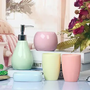 

High quality 5 piece set bathroom toiletries ceramic soap dispenser tumbler soap box mouth cup set bathroom cleaning accessories