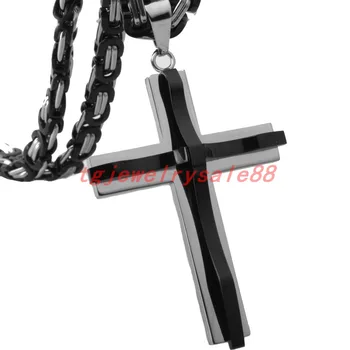 

Vintage Classic Black&Silver Tone Chic Cross Pendant Chain Necklace Stainless Steel Men's 6mm Byzantine Box Chain Choker 18-36"