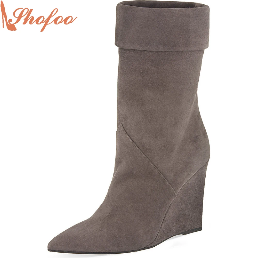 Shofoo Women Grey Suede Pointed Toe Wedge Heels Mid-Calf Winter Snow Boots Shoes Woman Dress&Office&Casual ,Size 5-16