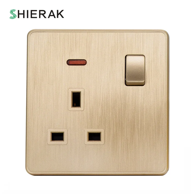 

SHIERAK 13A UK Standard Wall Power Socket With 1 Gang LED Indicator Button Switch Golden PC Panel Electric Outlet AC110-250V