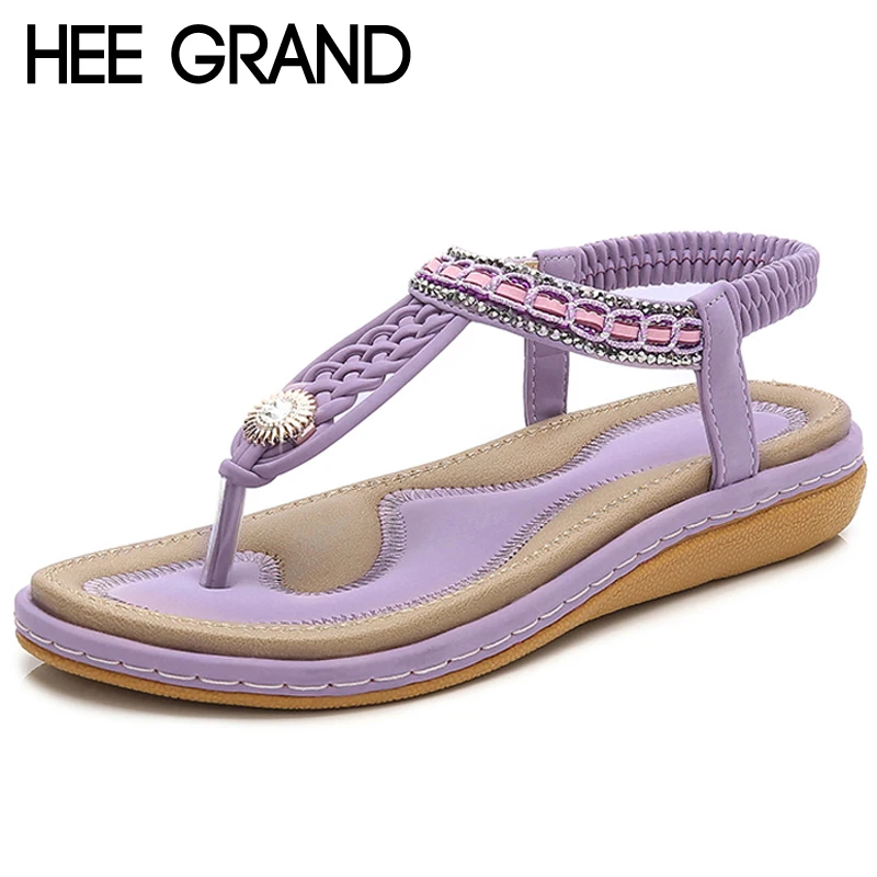 

HEE GRAND Elastic Band Women Sandals Straw String Beading Platform Flats Sandals Hot Beach Shoes Woman Plus Size 36-44 XWZ5042