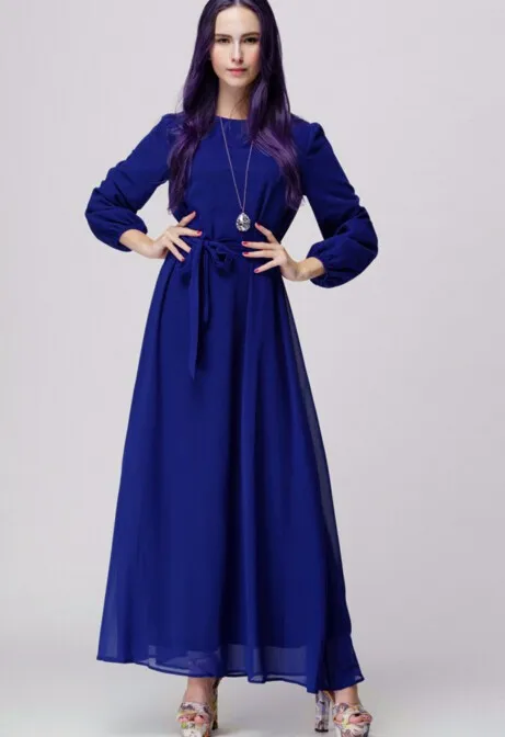 Мусульманский Стиль размера плюс чистый цвет круглый воротник шифон чистый цвет длинное платье с поясом