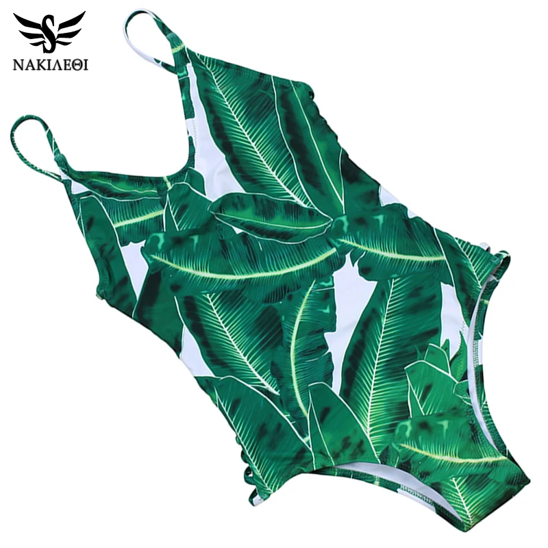 

NAKIAEOI 2019 Sexy One Piece Swimsuit Women Swimwear Printed Bodysuit Bandage Cut Out Summer Beach Bathing Suit Swim Monokini
