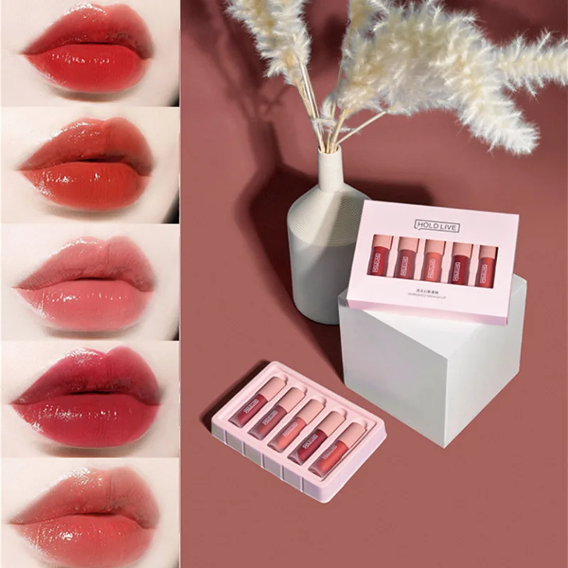 5pcs/set moisturizing lip gloss by Hold live sexy red nude brown silky lip tint makeup set waterproof liquid lipstick BN157