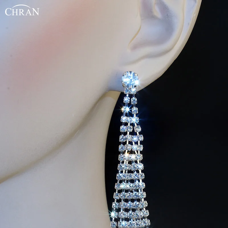 CHRAN Silver Plated Rhinestone Exaggerated Ultra Long Tassel Big Earrings Party Wedding Jewelry Dangle Drop Earrings for Women