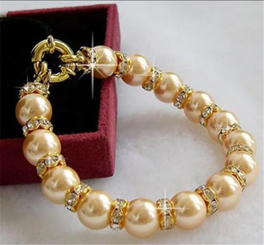 

FREE SHIPPING HOT sell new Style >>>> 10mm round Gold south sea shell pearl crystal bracelet 7.5" AAA