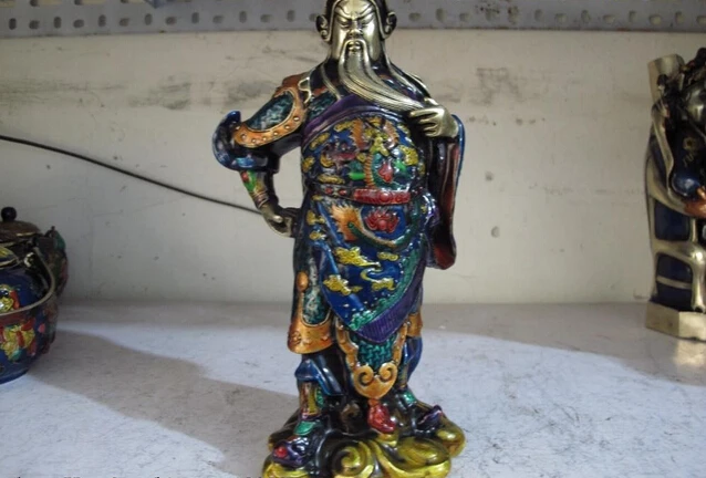 

USPS to USA S0025 China Folk Copper Bronze Painted Dragon Guan Gong Guan Yu Warrior Buddha Statue (B0328)