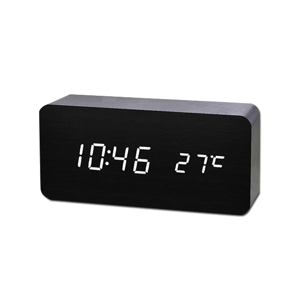 

LED Wooden Alarm Clock Voice Control Digital Alarm Clocks LED Wood Electronic Desktop Clock for Bedroom Watch with Temperature