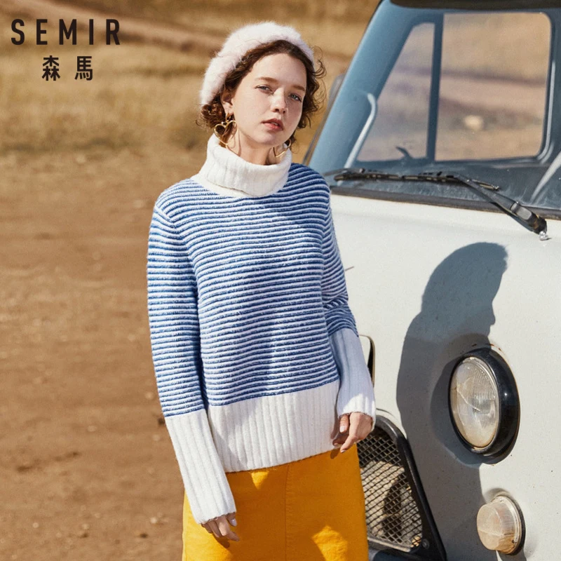

SEMIR Women Color Block Turtleneck Sweater in Fluffy Knit Women's Cozy Sweater Ribbing at Neckline Cuff and Hem for Winter