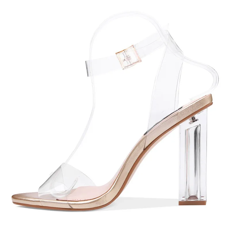 Ladies Transparent Clear Classic Shoes European Block Heel Lucite Peep Toe Buckle Sandals