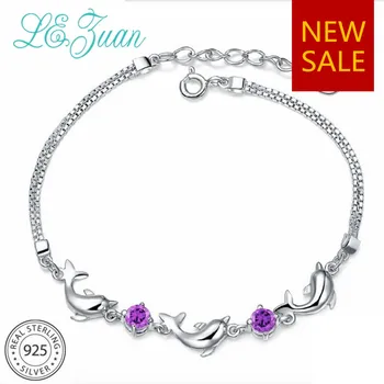 

L&zuan New White Gold Plated Cute Dolphin Shaped Bracelet & Bangles for Woman 925 Sterling Silver Natural Amethyst Bracelet Gift
