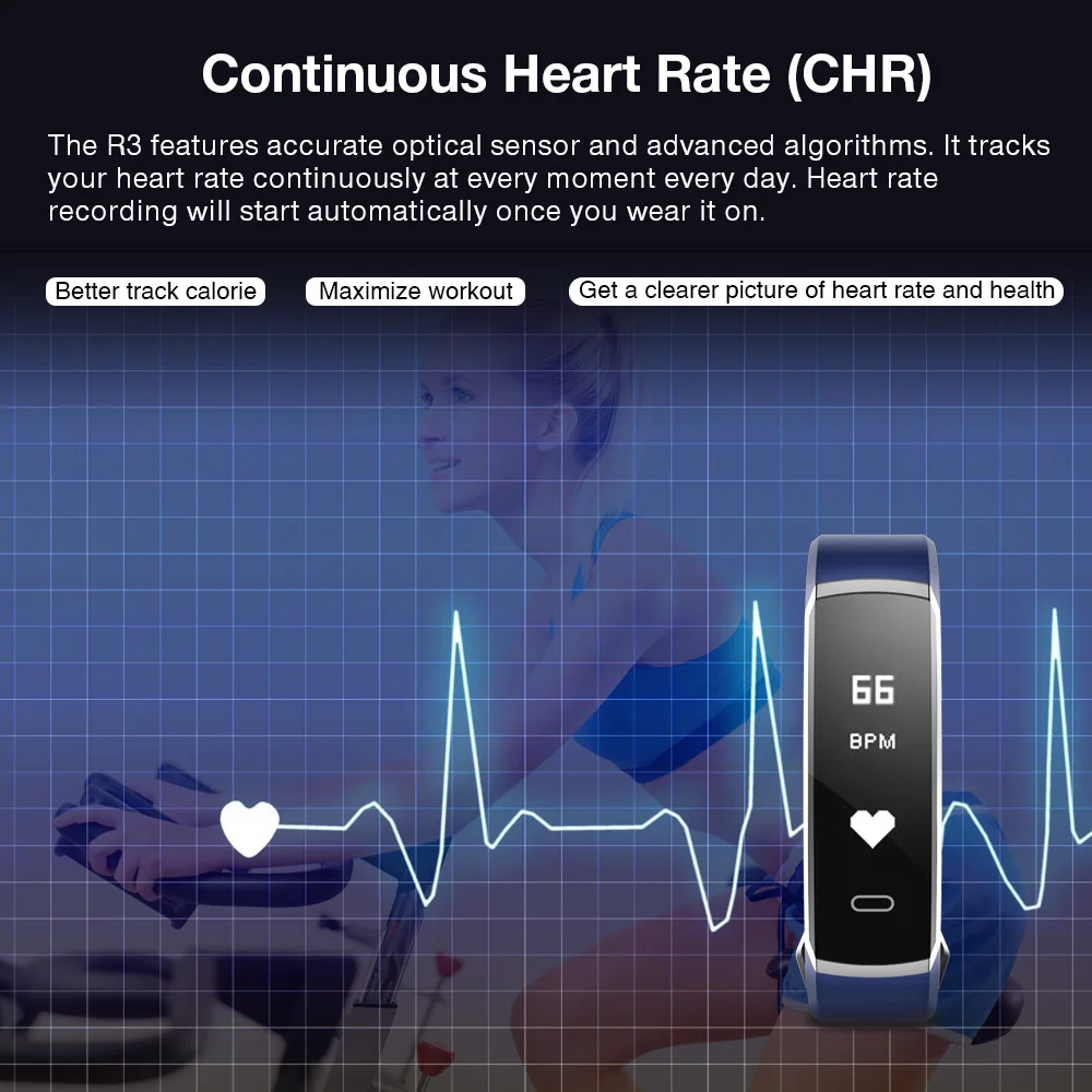  Makibes R3 Smart Bracelet Bluetooth Wristband Continuous Heart Rate Monitor Health Fitness Tracker  - 32880184905