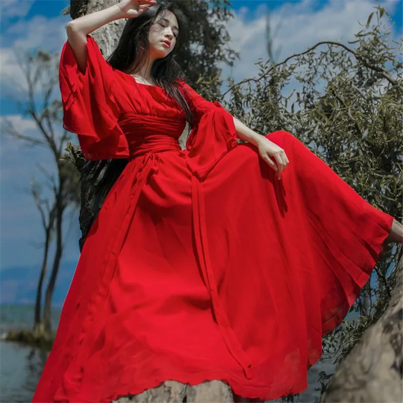 

Women Summer Fairy Holiday Dress Vintage Butterfly Sleeves Maxi Beach Dress High Waist Cascading Ruffled Red Dress Vestidos