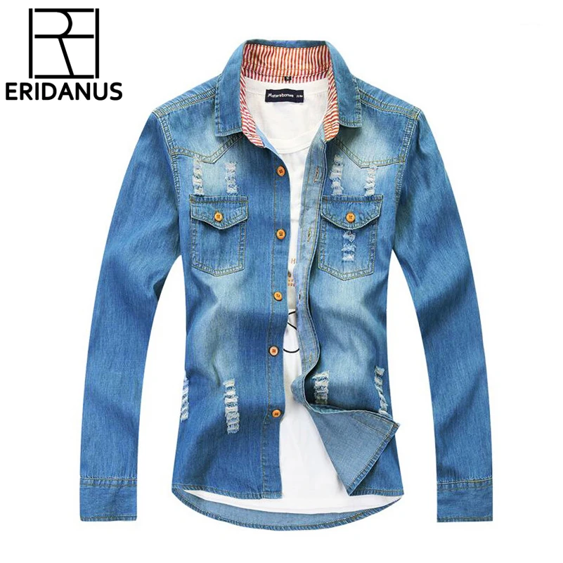 New Brand Jeans Shirt Long Sleeve Solid Casual Slim Fit Washed Denim