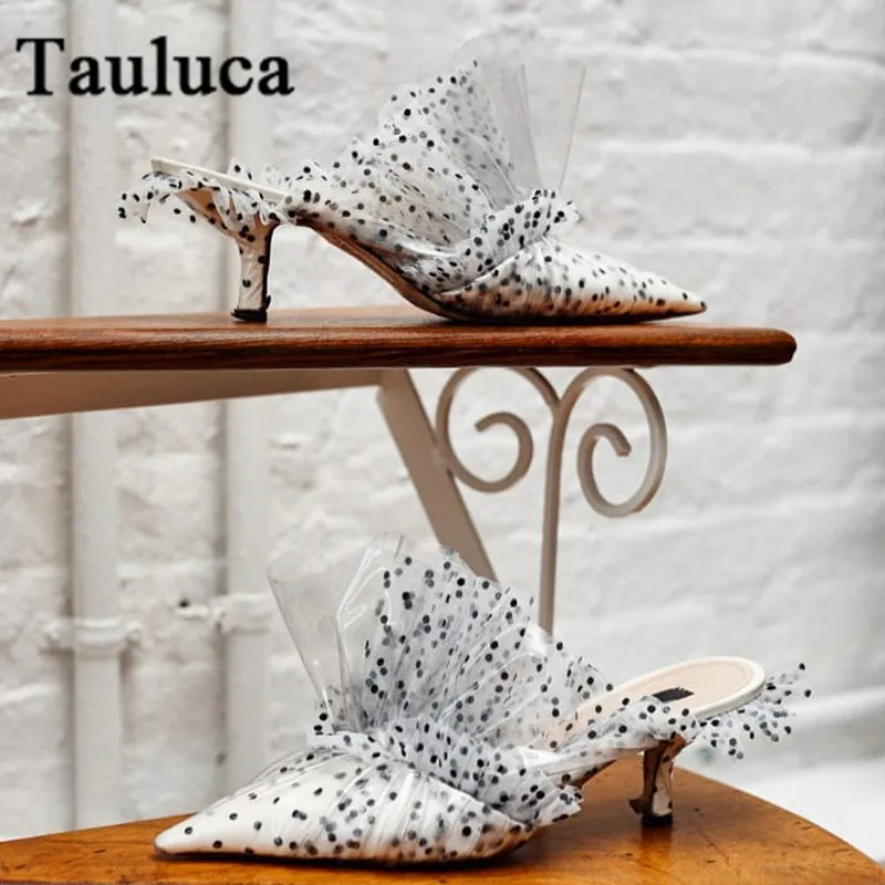 

Women Slippers Flower Net Yarn Sandals Pointed Toe High-Heeled Catwalk Half Slippers Ladies Wear Fashion Outside Shoes 6cm 8cm