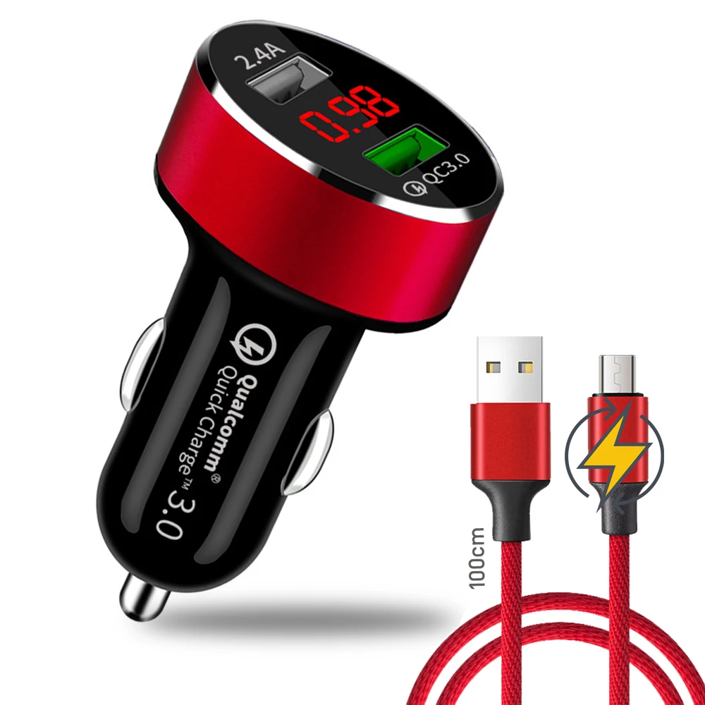 

2019 Quick Charge 3.0 USB Car Charger with LED Display for Phone Tablet Dual Port Travel Chargers with 2.4A Charging USB Cable