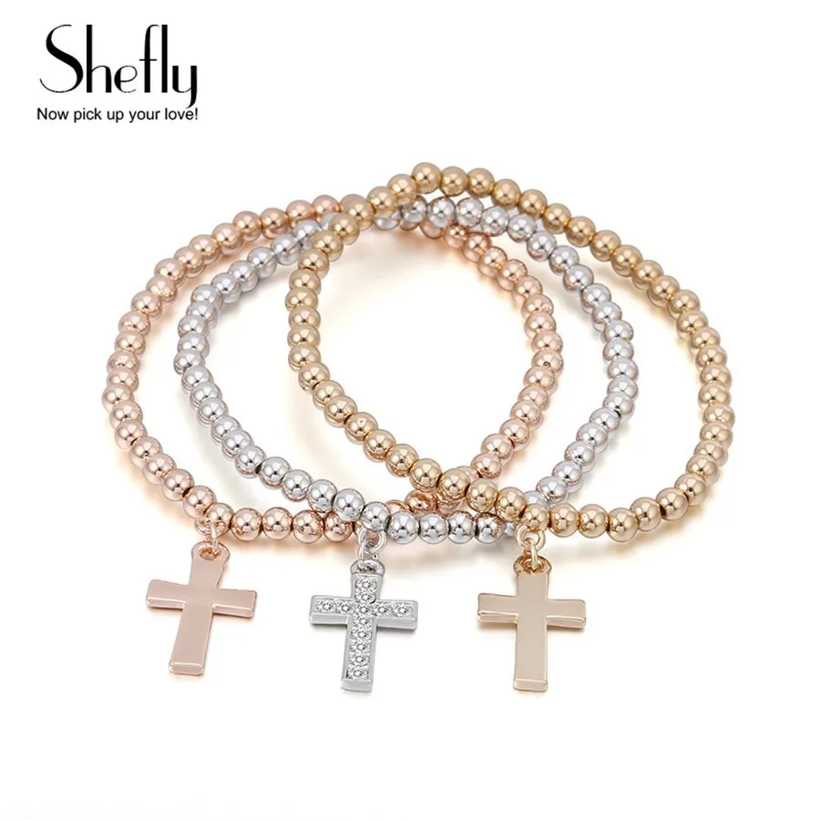 

2018 New Unisex Beads Cross Men Women Bracelet With CZ Zircon Hand Work Silver Gold Color 3 PCS Jewelry SL03301