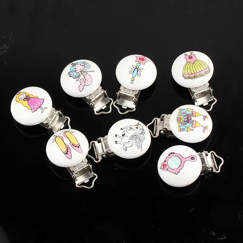 

10Pcs Baby Pacifier Clips Cartoon Unicorn and Mermaid Pattern Wood Metal Holders Cute Soother Clasps Pacifier clip 45x29mm