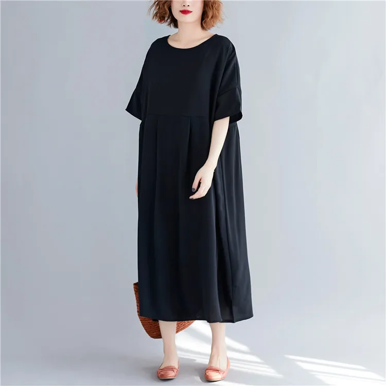 BelineRosa Simple Casual Black Color Dress in Big Sizes High Waist Loose Style Women Dress Cotton Linen Natural CLothesBSDM0250