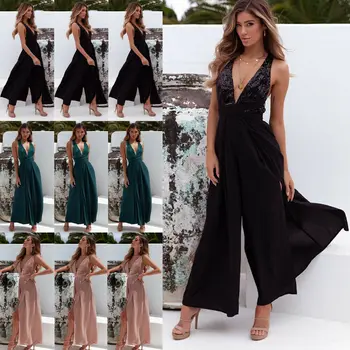 

New Women Ladies Fashion Casual Summer Jumpsuit Long Pants Solid Sleeveless V Neck Jumpsuit Party Clubwear