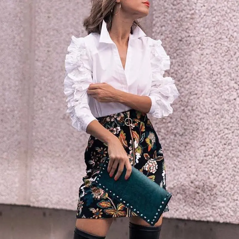 

Summer White Boho Simple Elegant Office Ladies Beach Women Blouses Slim Lapel Falbala Plain Chic Female Fashion Tops Shirts