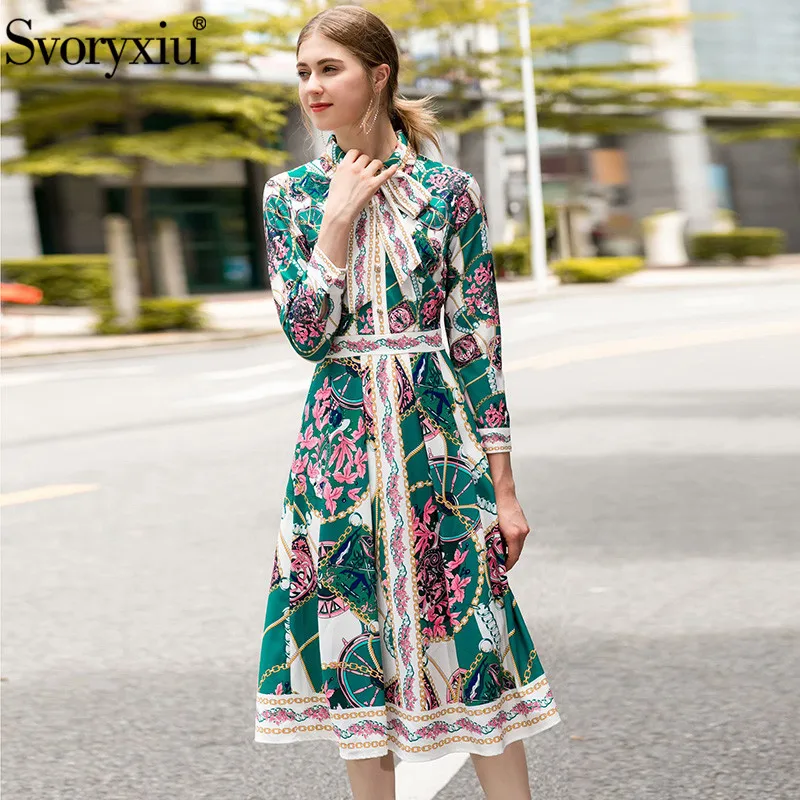 

Svoryxiu Designer Autumn Long Sleeve Midi Dress Women's Elegant Vintage Flower Printed Party Dress Vestdios