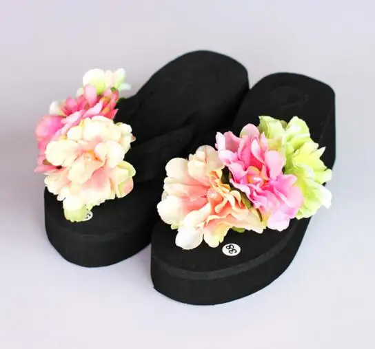 Летний стиль женская обувь сдобы сандалии вьетнамки склон с нескользящей Роза высокие каблуки тапочки женский B119