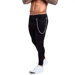 2018 черные обтягивающие джинсы цепи Slim Fit лодыжки плотно стрейч Байкер хип хоп рваная уличная одежда джинсы Байкер для мужчин