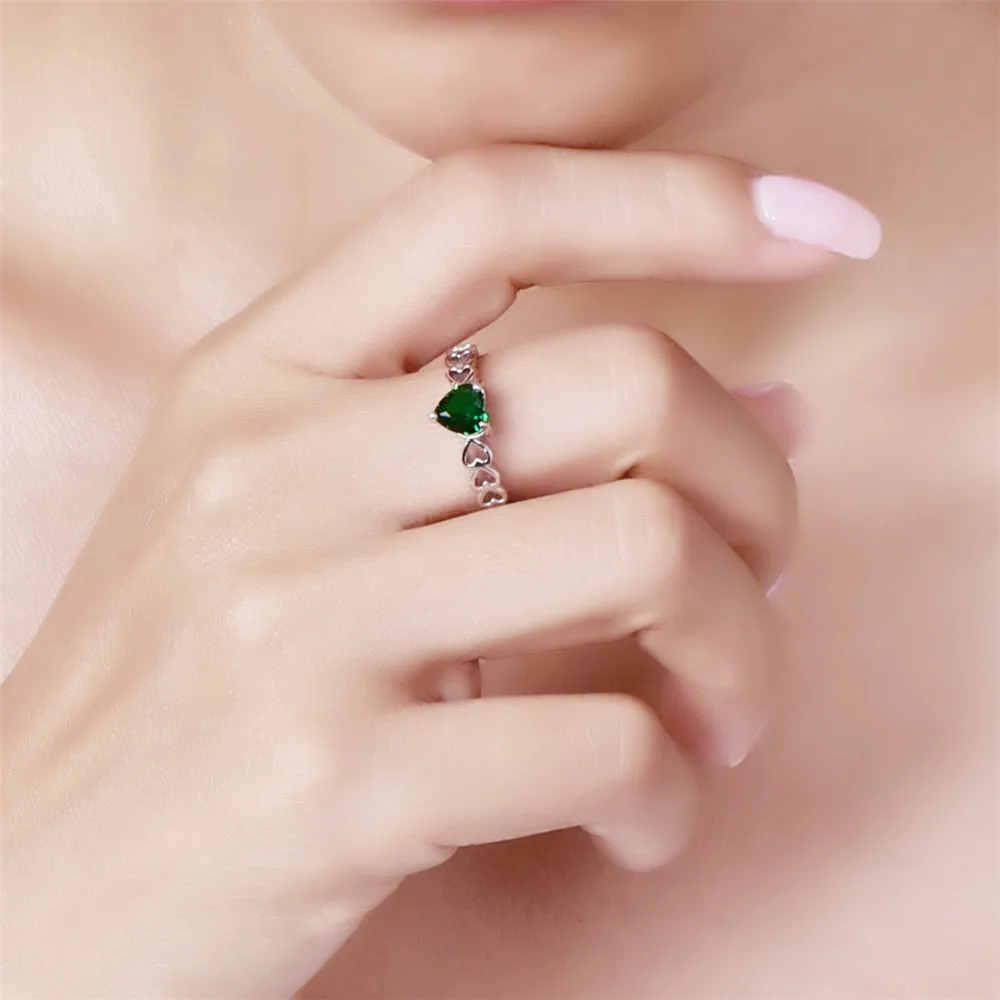 Женское кольцо с сердцем и зеленым цирконом серебристого цвета|ring size|ring size 6multicolor