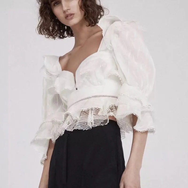 Женская кружевная блузка Повседневная белая короткая 2019 | одежда