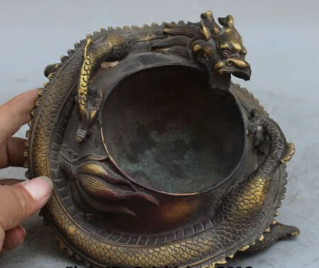 

RHS0124 8" Marked China Chinese Feng Shui Pure Bronze Animal Dragon ashtray Statue K