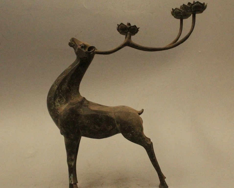 

11" Chinese Dynasty Palace Purple Bronze Deer candle stick candlestick Pair