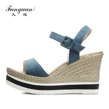 

Fanyuan Leather Sandals Women Wedge Summer Shoes Suede Platform Sandals High Heels Concise Buckle Womens Shoes Summer Black Blue