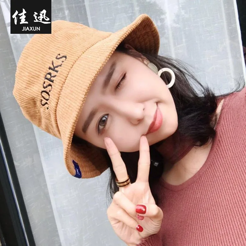 

Hat Female Autumn and Winter Corduroy Fisherman's Hat Korean version of Yusufeng Leisure embroidery basin hat wholesale for men
