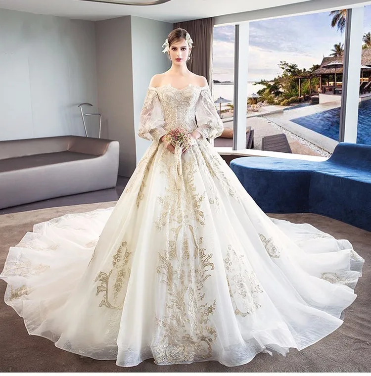 Elegant Lace Long Sleeve Wedding Dresses Princess Luxury Wedding