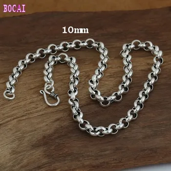 

BOCAI S925 pure silver men's and women's necklace classic Thai silver restoring ancient ways is 10 mm pearl necklace