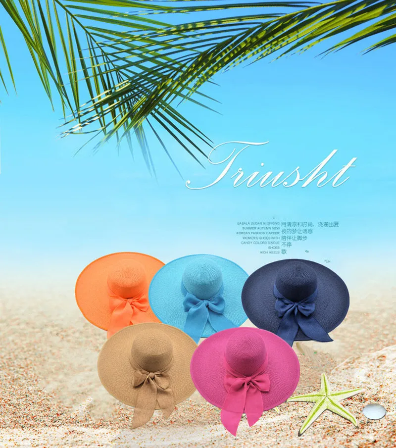 Летний стиль Для женщин Складная Широкий Большой Брим Пляж ВС Hat отпуск большой бант соломы Кепки для дам элегантный Шапки Chapeau Femme JS454