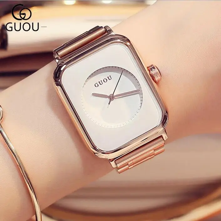 GUOU Роскошные брендовые качественные часы из розового золота Женские часы прямоугольник полностью стальной браслет часы montre femme relogio femmes montres - Цвет: White