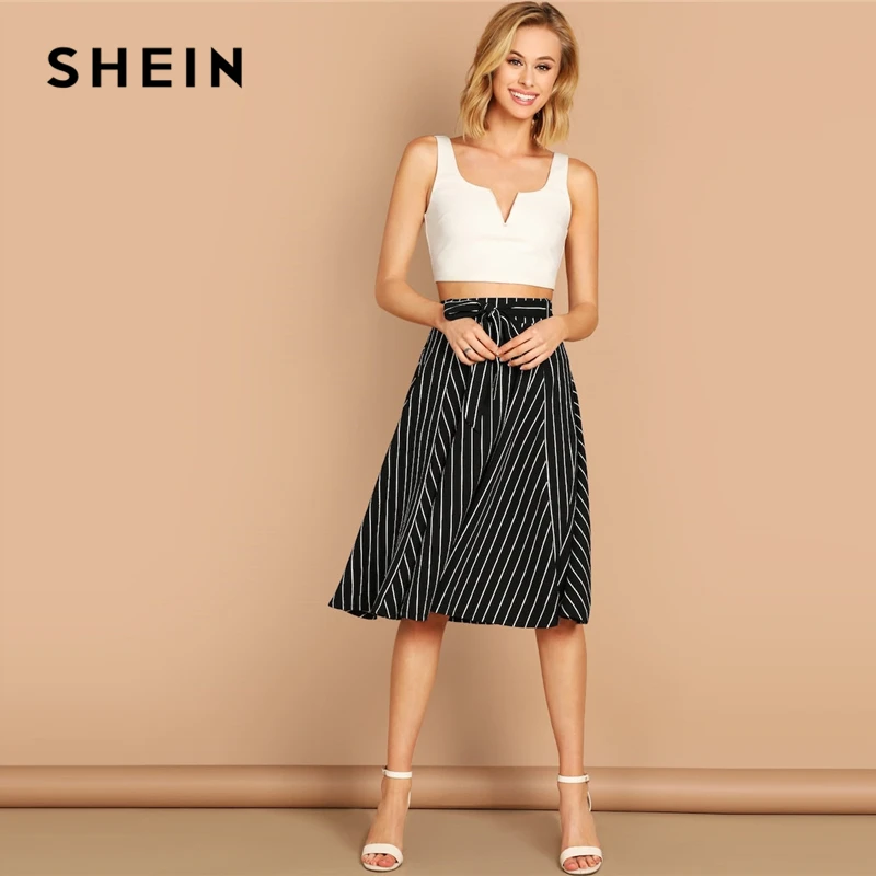 SHEIN Юбка В Полоску С Высокой Талией Женская Черная Летняя Богемная Миди