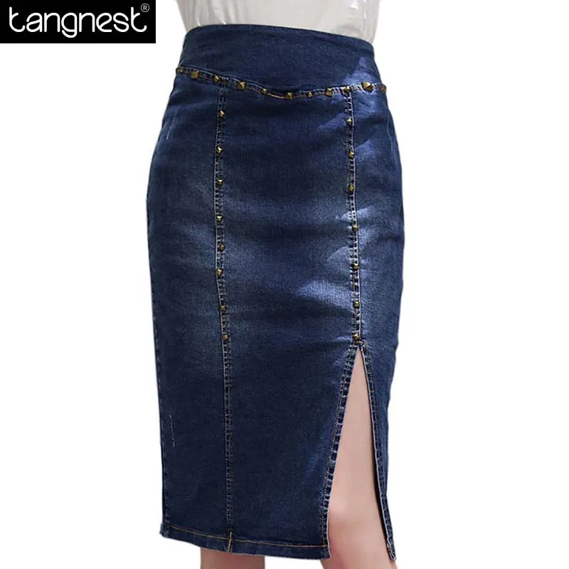 Fashion Denim Skirts Women 2016 Spring Summer Autumn New Rivet Side